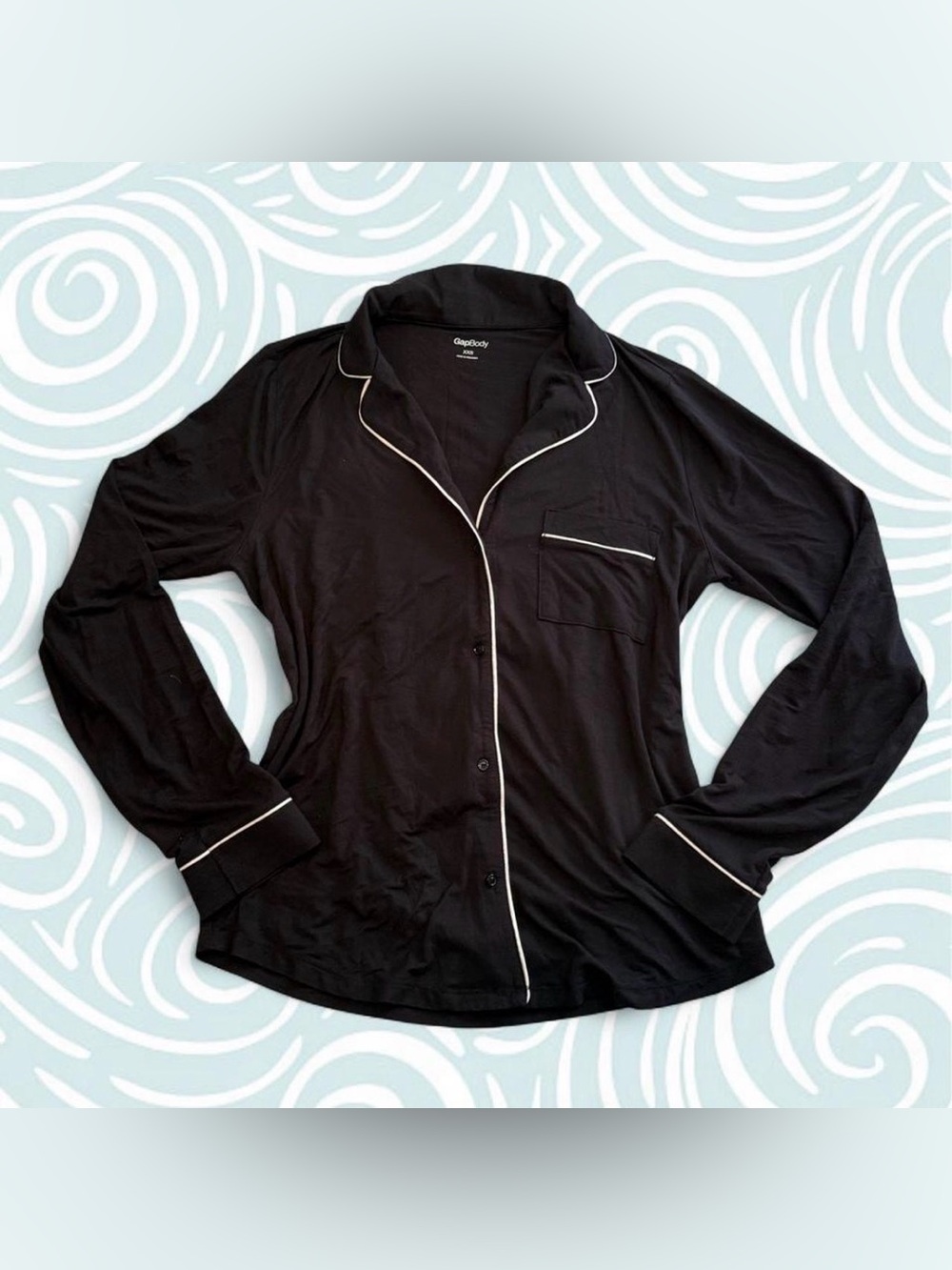 Black Long-Sleeve Pajama Top with White Piping
